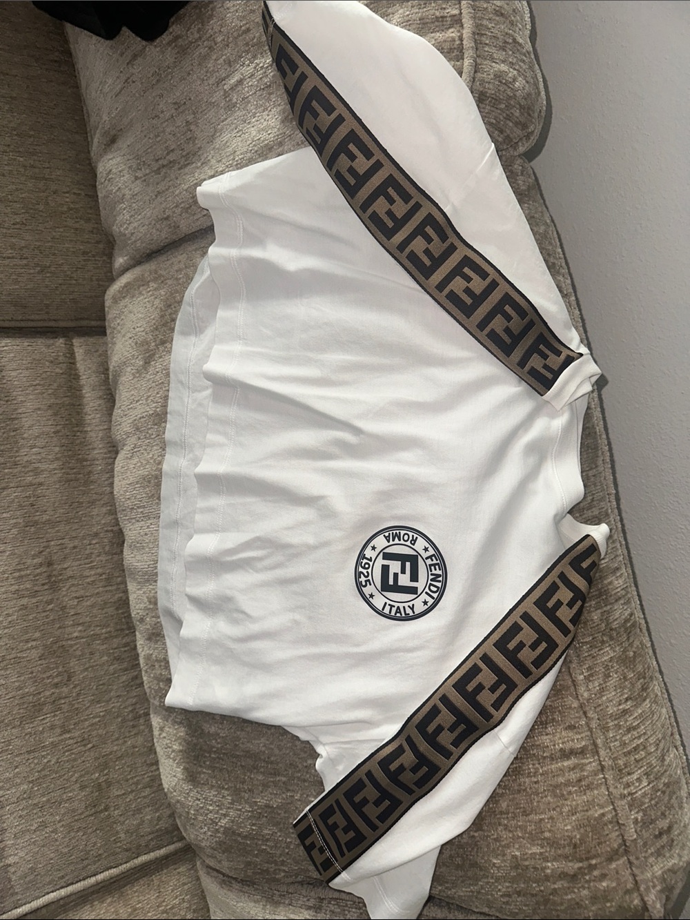 Fendi White Crewneck Sweatshirt with Brown FF Sleeve Tape